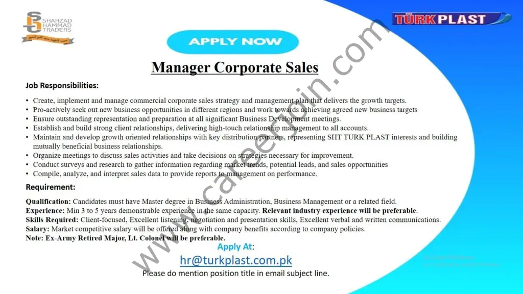 Shahzad Hammad Traders Turk Plast Jobs Manager Corporate Sales