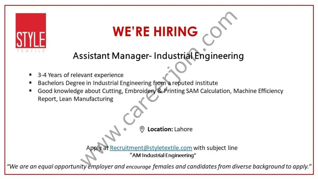 Style Textile Pvt Ltd Jobs Assistant Manager Industrial Engineering