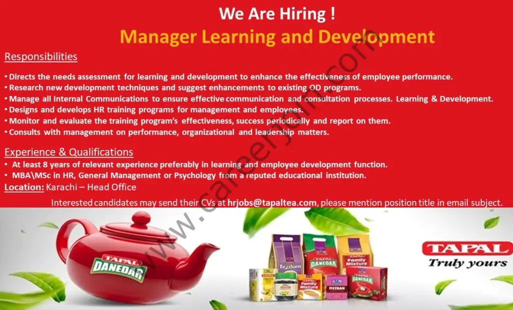 Tapal Tea Pvt Ltd Jobs Manager Learning & Developement