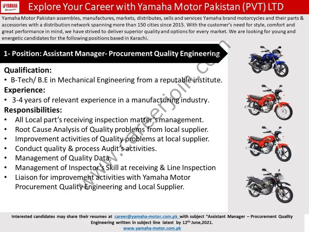 Yamaha Motor Pakistan Pvt Ltd Jobs Assistant Manager Procurement Quality Engineering