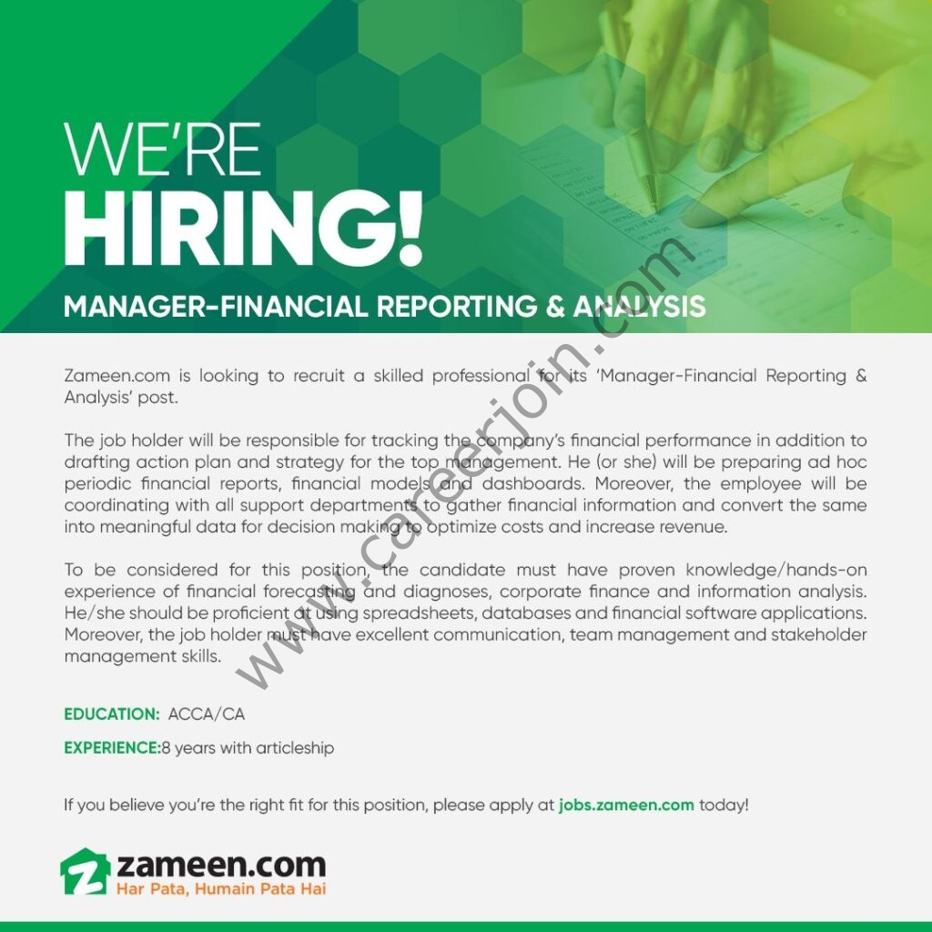 Zameen Pakistan Jobs Manager Financial Reporting & Analysis