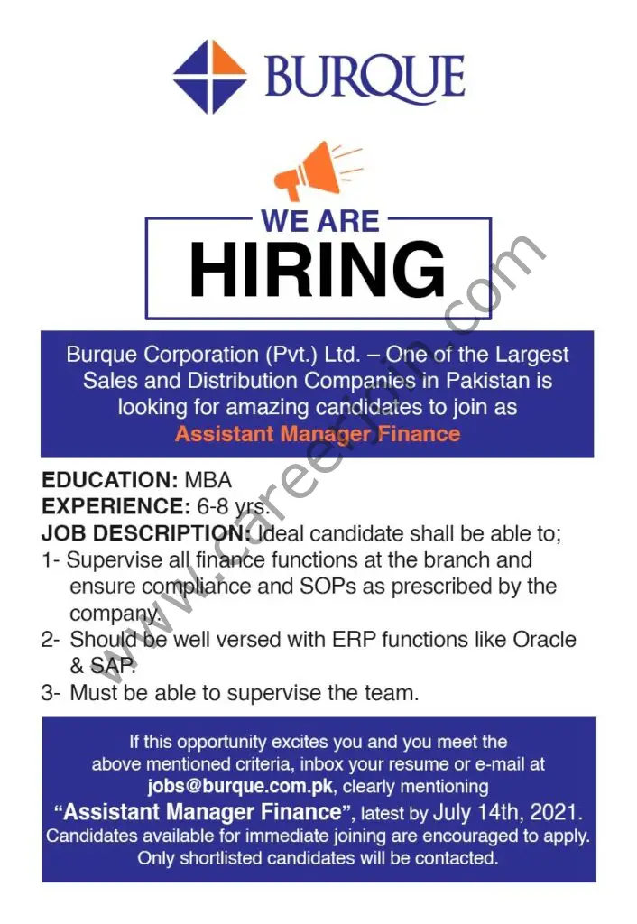 Burque Corporation Pvt Ltd Jobs Assistant Manager Finance