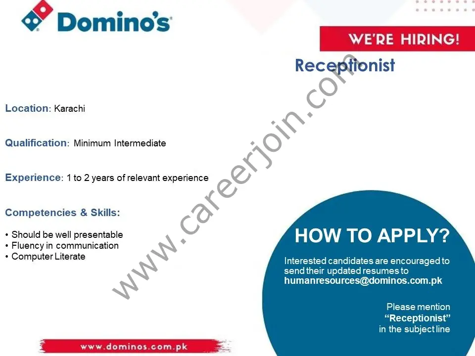 Domino's Pizza Pakistan Jobs Receptionist