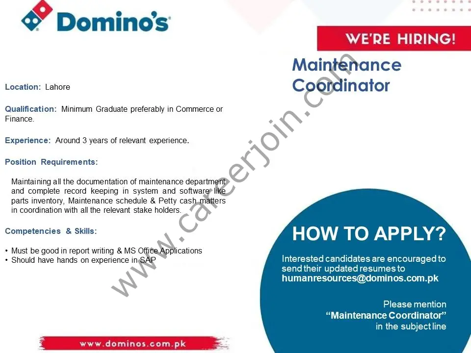 Domino's Pizza Pakistan Jobs Maintenance Coordinator