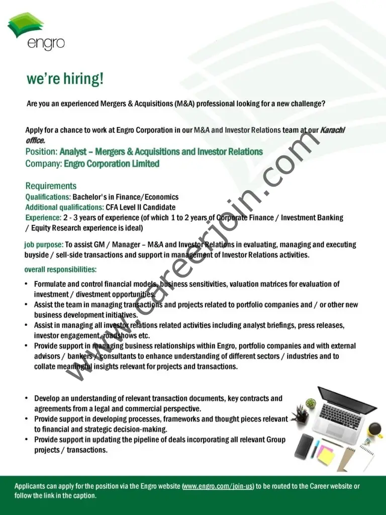 Engro Corporation Ltd Jobs Analyst Mergers & Acquisitions and Investor Relations