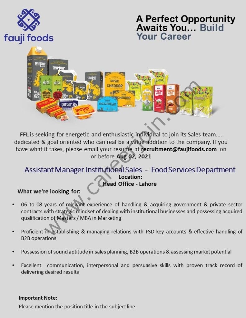 Fauji Foods Ltd Jobs Assistant Manager Institutional Sales 01