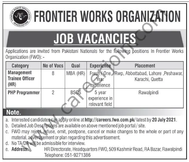 Frontier Works Organization FWO Jobs 04 July 2021 Express Tribune
