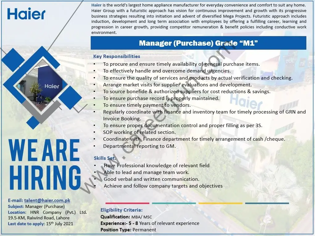 Haier Pakistan Jobs Manager (Purchase) Grade