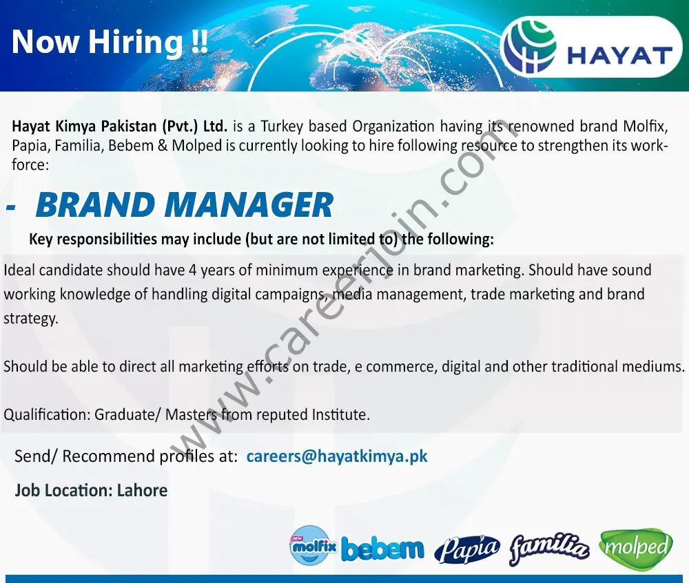 Hayat Kimya Pakistan Pvt Ltd Jobs Brand Manager