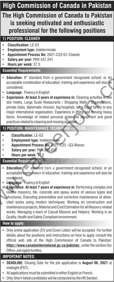 High Commission of Canada in Pakistan Jobs July 2021