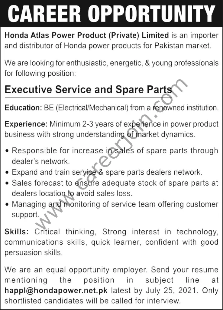 Honda Atlas Power Product Pvt Ltd Jobs Executive Service & Spare Parts