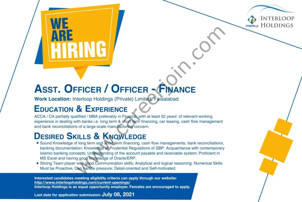 Interloop Holdings Pvt Ltd Jobs Asst Officer / Officer Finance