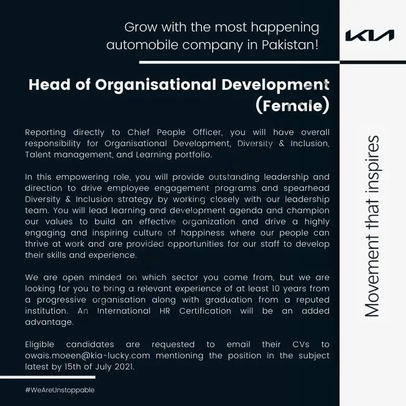 KIA Lucky Motors Pakistan Ltd Jobs Head of Organizational Development