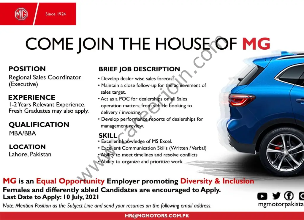 MG Motor Pakistan Jobs 04 July 2021