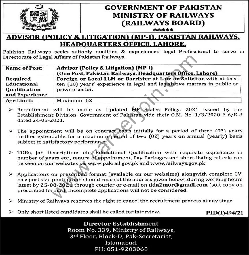 Ministry Of Railways Jobs Advisor (Policy & Litigation) 01