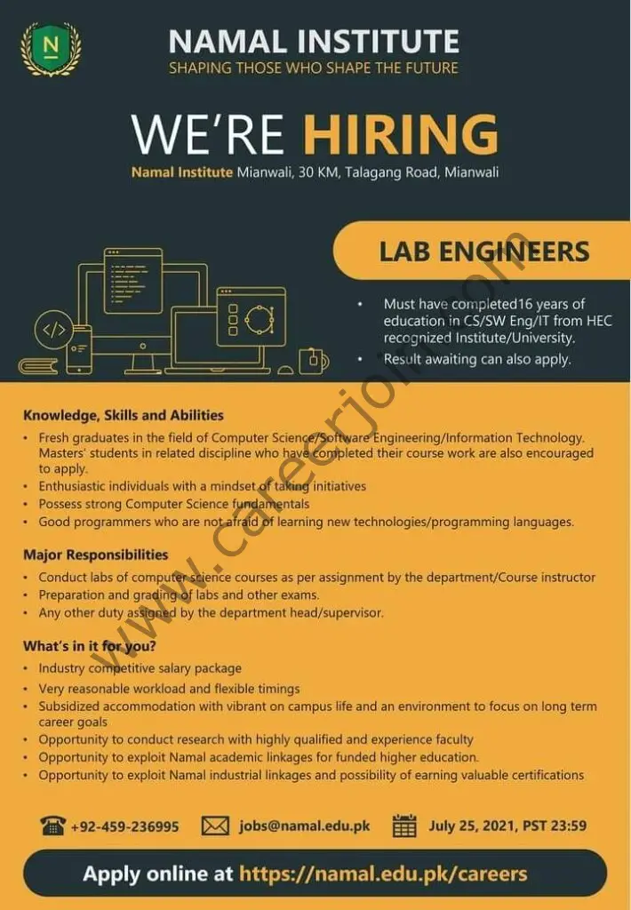 Namal Institute Jobs Lab Engineers