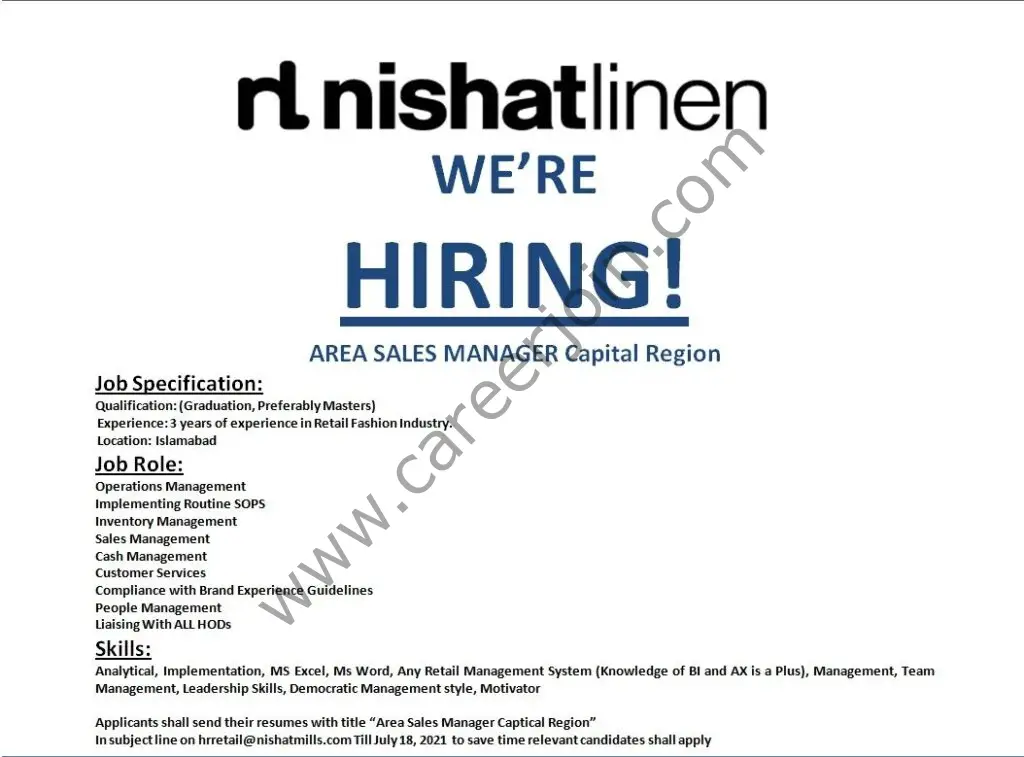 Nishat Linen NL Jobs Area Sales Manager