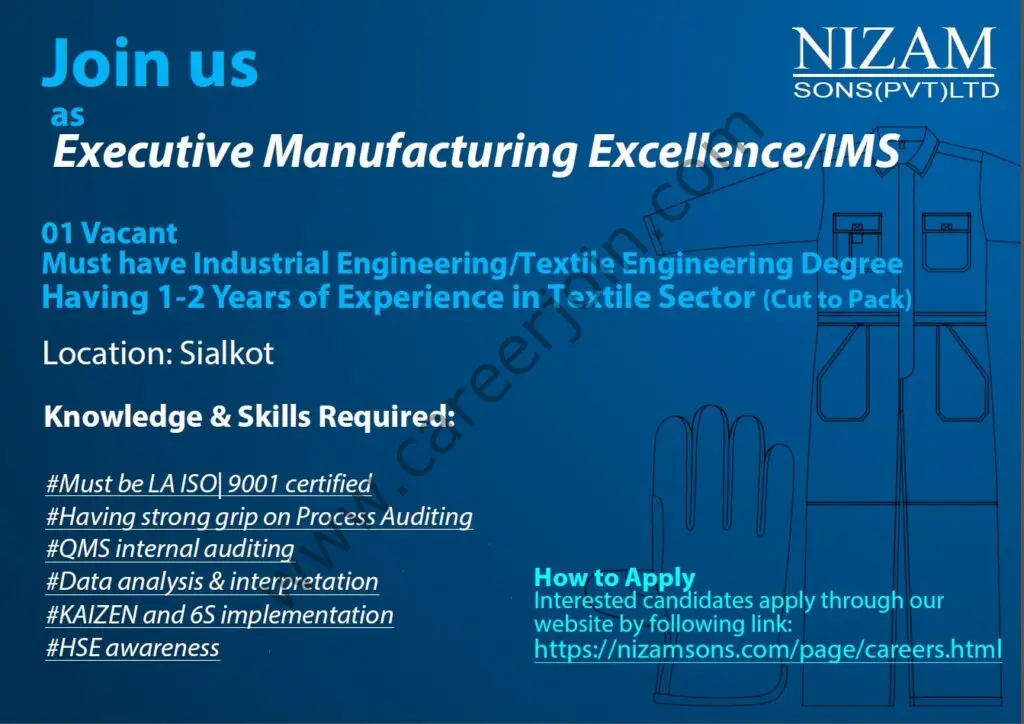 Nizam Sons Pvt Ltd Jobs Executive Manufacturing Excellence/IMS