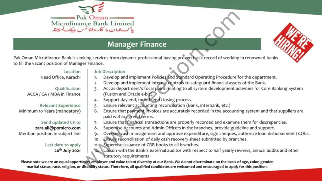Pak Oman Microfinance Bank Ltd Jobs Manager Finance