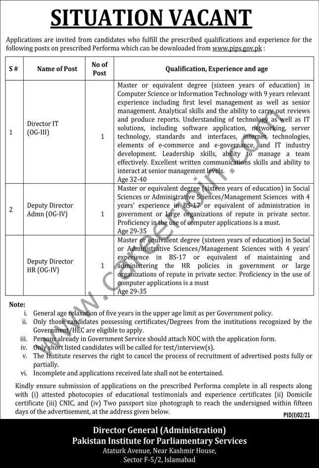 Pakistan Institute For Parliamentary Services PIPS Jobs July 2021