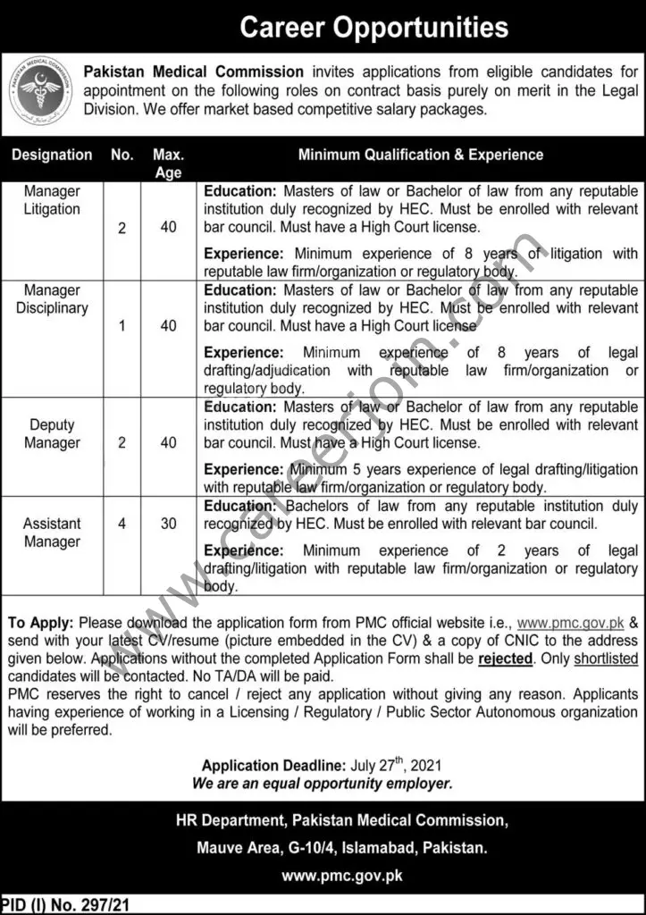 Pakistan Medical Commission PMC Jobs July 2021