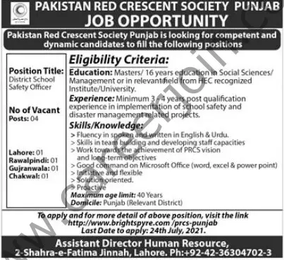 Pakistan Red Crescent Society PRCS Jobs District School Safety Officer