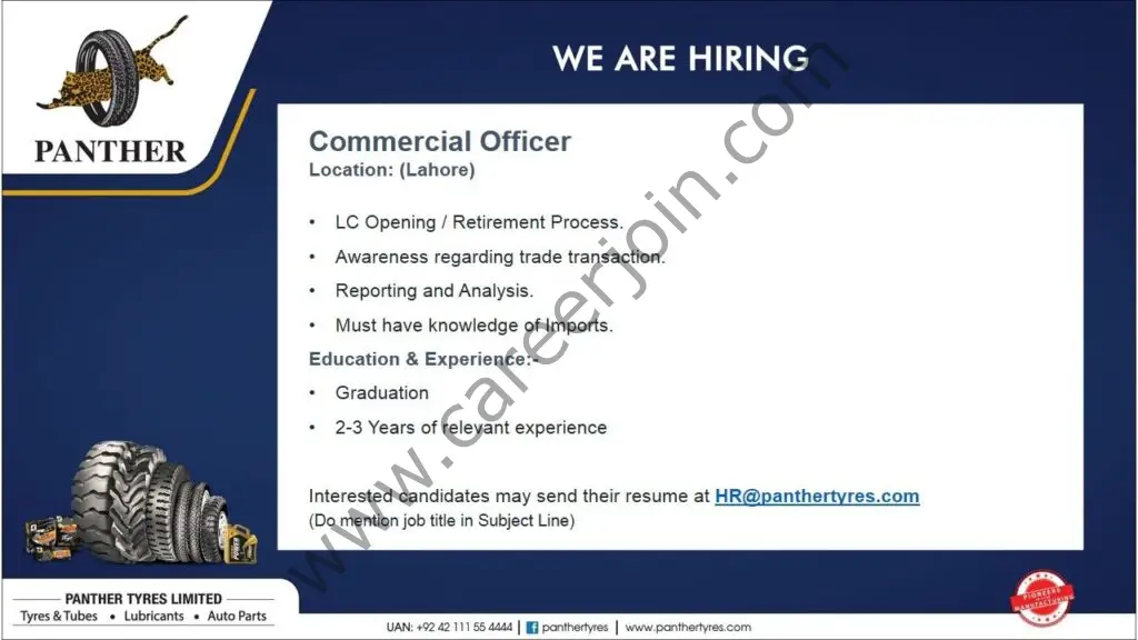Panther Tyres Ltd Jobs Commercial Officer