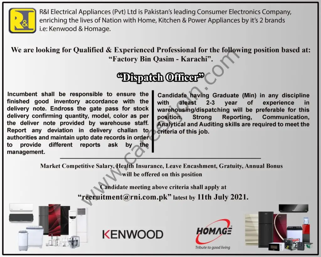 R&I Electrical Appliances Pvt Ltd Jobs 03 July 2021