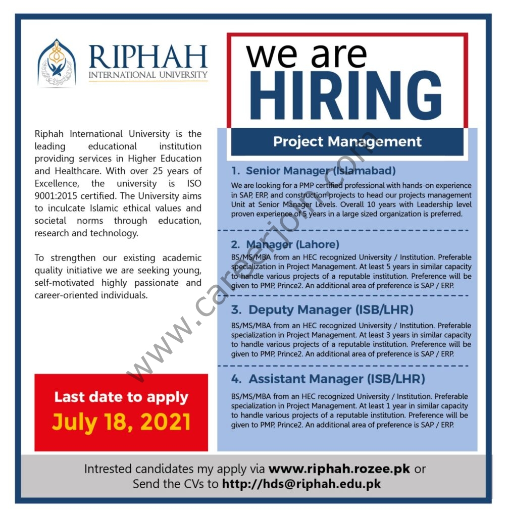 Riphah International University Jobs July 2021