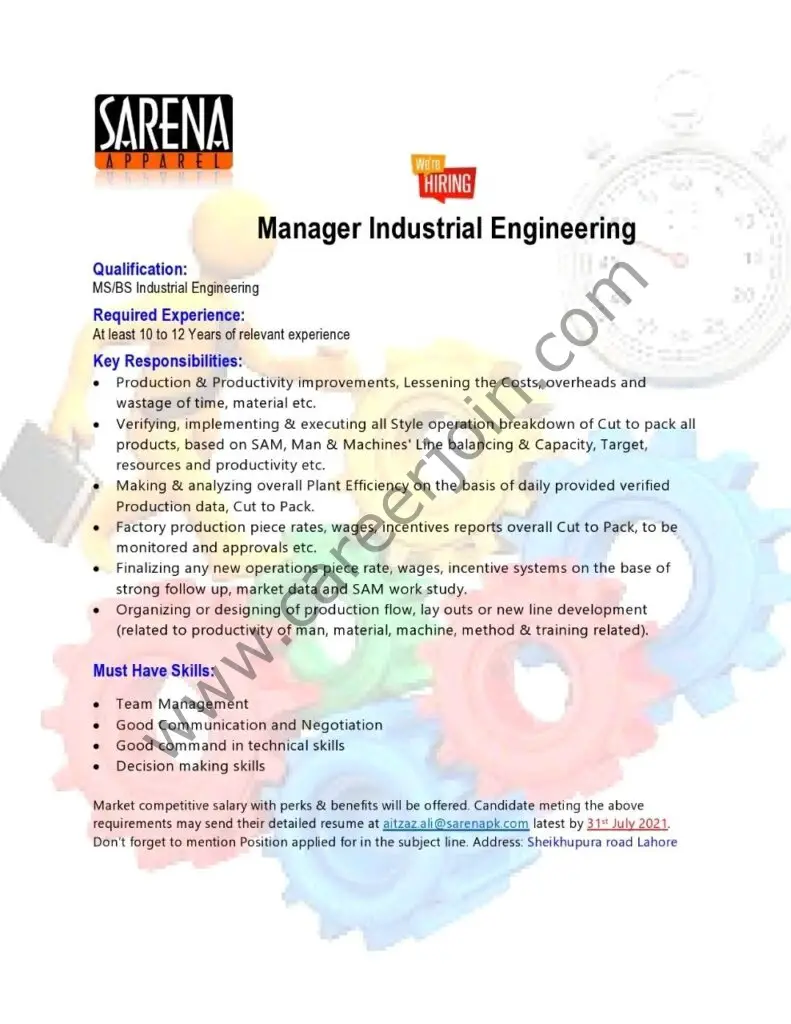 Sarena Apparel Jobs Manager Industrial Engineering