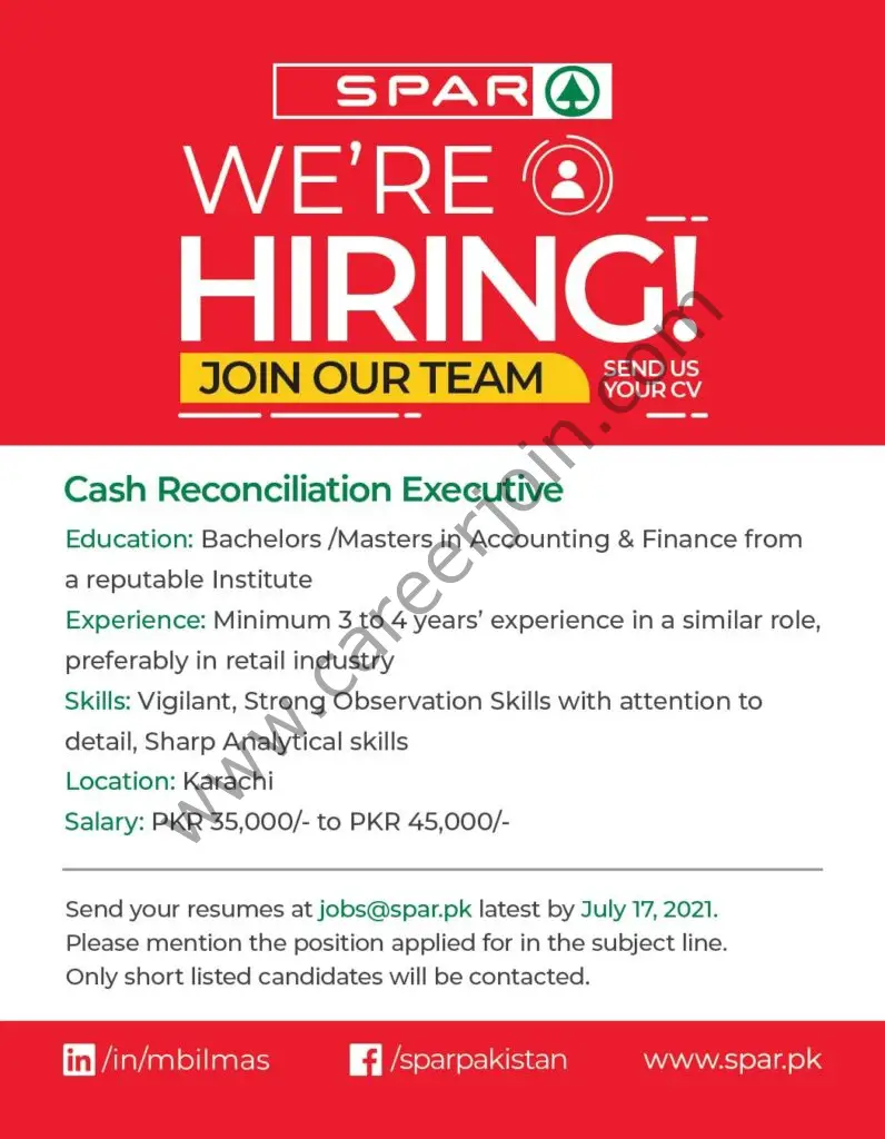 Spar Pakistan Jobs Cash Reconciliation Executive