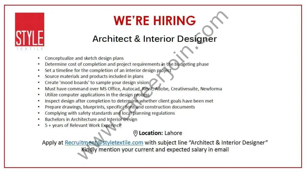 Style Textile Pvt Ltd Jobs Architect & Interior Designer