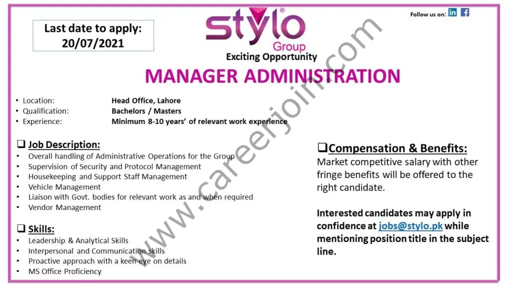 Stylo Pvt Ltd Jobs Manager Administration