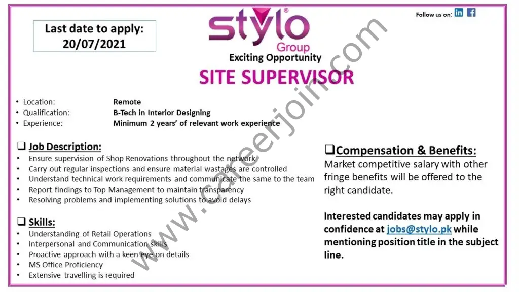 Stylo Pvt Ltd Jobs Site Supervisor