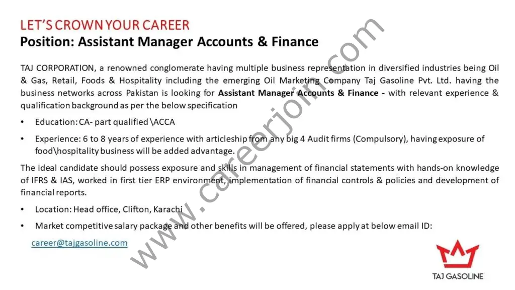 Taj Gasoline Pvt Ltd Jobs Assistant Manager Accounts & Finance