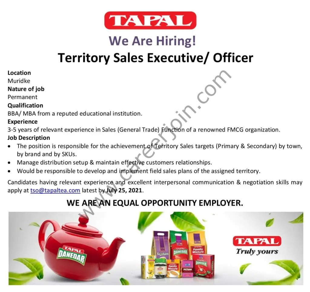 Tapal Tea Pvt Ltd Jobs Territory Sales Executive / Officer
