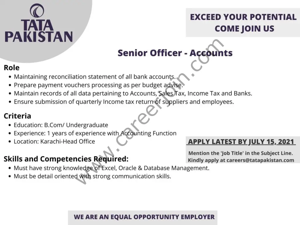 Tata Pakistan Jobs Senior Officer Accounts