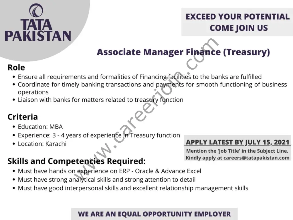 Tata Pakistan Jobs Associate Manager Finance (Treasury)