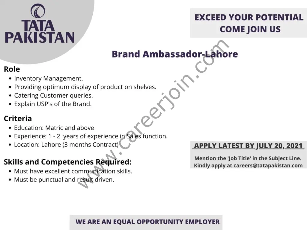 Tata Pakistan Jobs Brand Ambassador