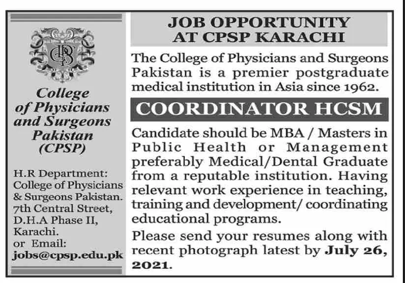 The College of Physicians & Surgeons CPSP Jobs 11 July 2021 Dawn