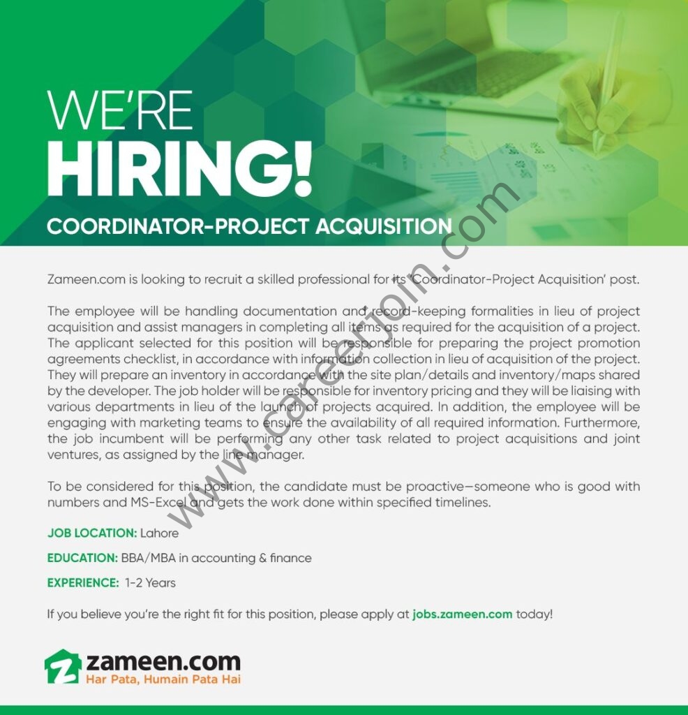 Zameen Pakistan Jobs Coordinator Project Acquisition