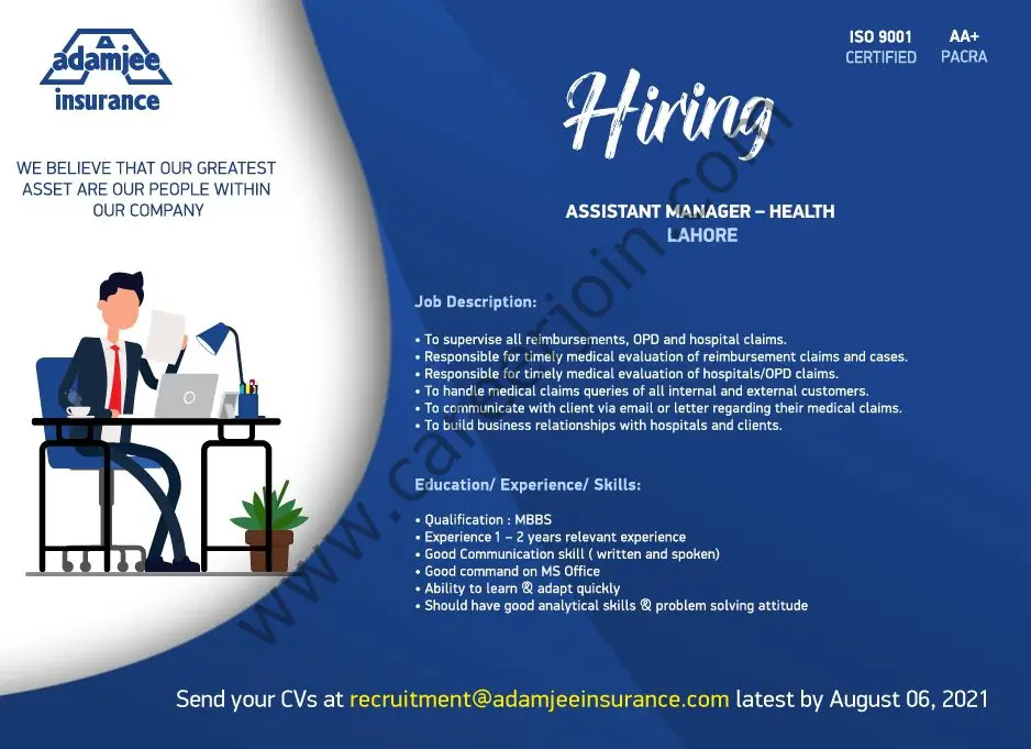 Adamjee Insurance Company Ltd Jobs Assistant Manager Health 0`