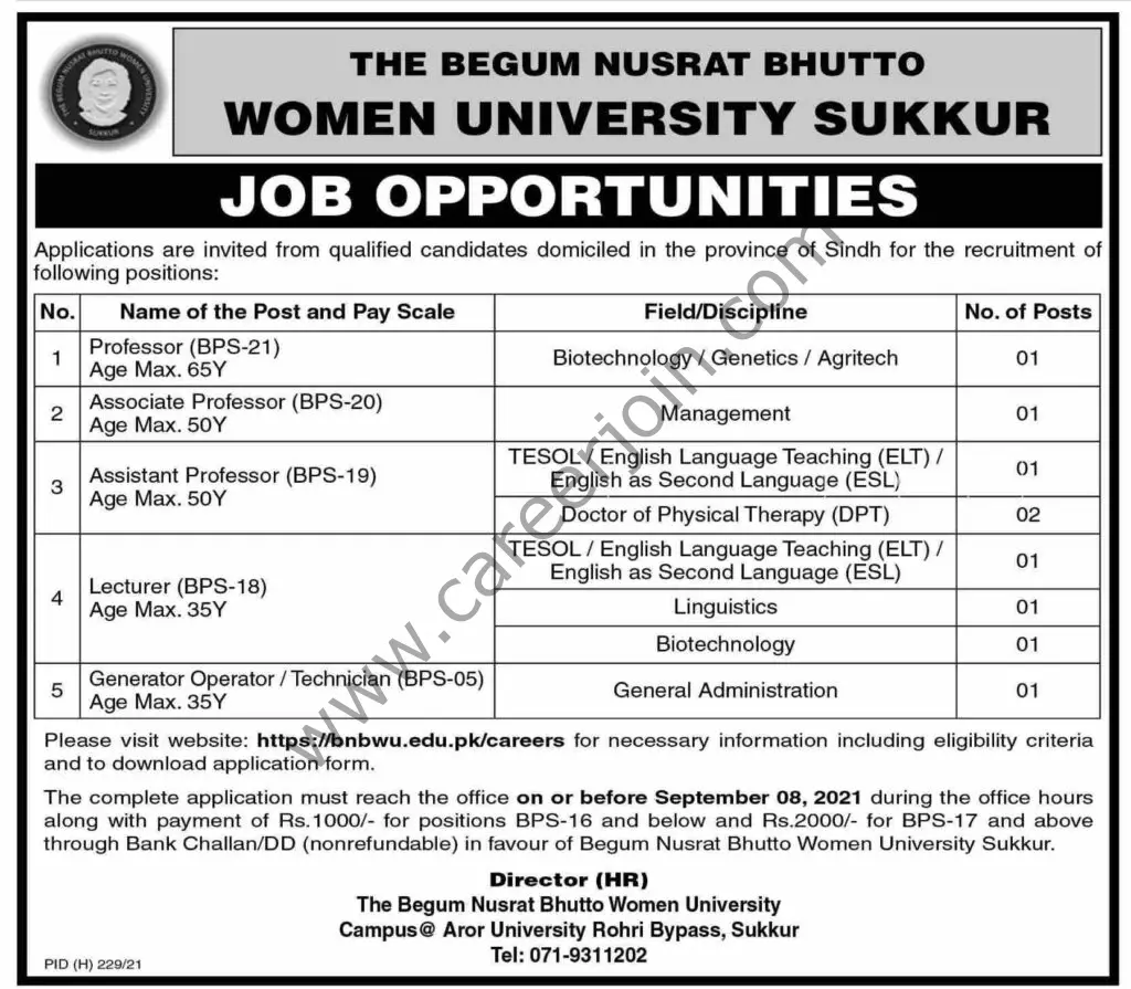 Begam Nusrat Bhutto Women University Sukkur Jobs 29 August 2021 Express 01