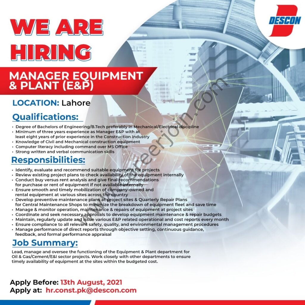 Descon Pakistan Jobs Manager Equipment & Plant E&P 01