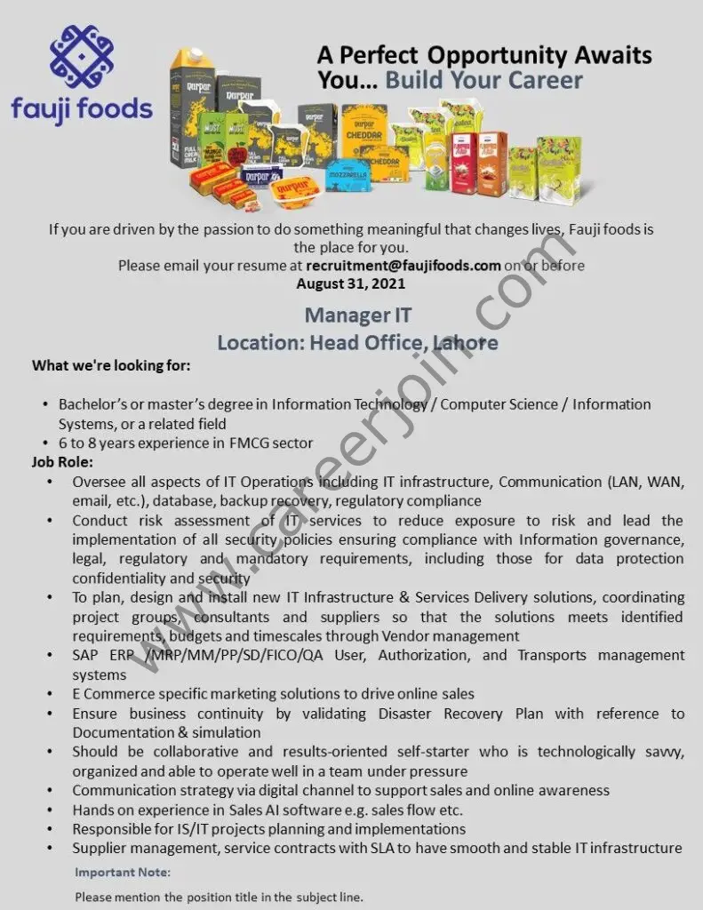 Fauji Foods Limited Jobs Manager IT 01