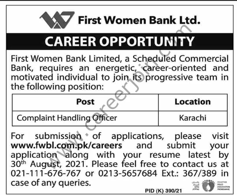 First Women Bank Ltd Jobs 15 August 2021 Dawn