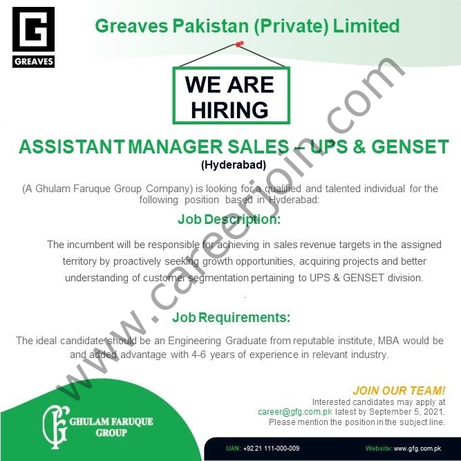 Greaves Pakistan Pvt  Ltd Jobs Assistant Manager Sales UPS & GENSET 01