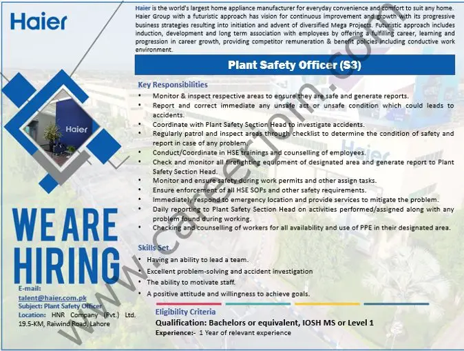 Haier Pakistan Jobs Plant Safety Officer