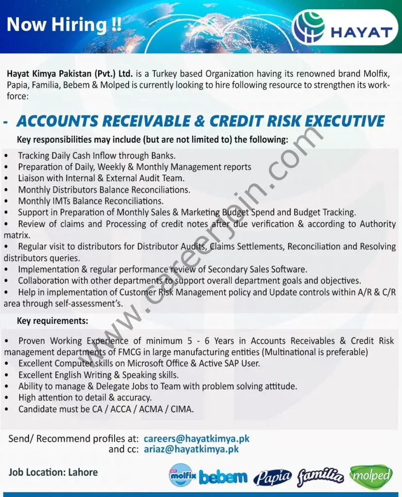 Hayat Kimya Pakistan Pvt Ltd Jobs Accounts Receivable & Credit Risk Executive 01