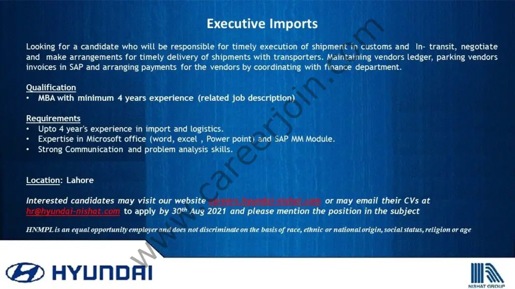 Hyundai Pakistan Jobs Executive Imports 01